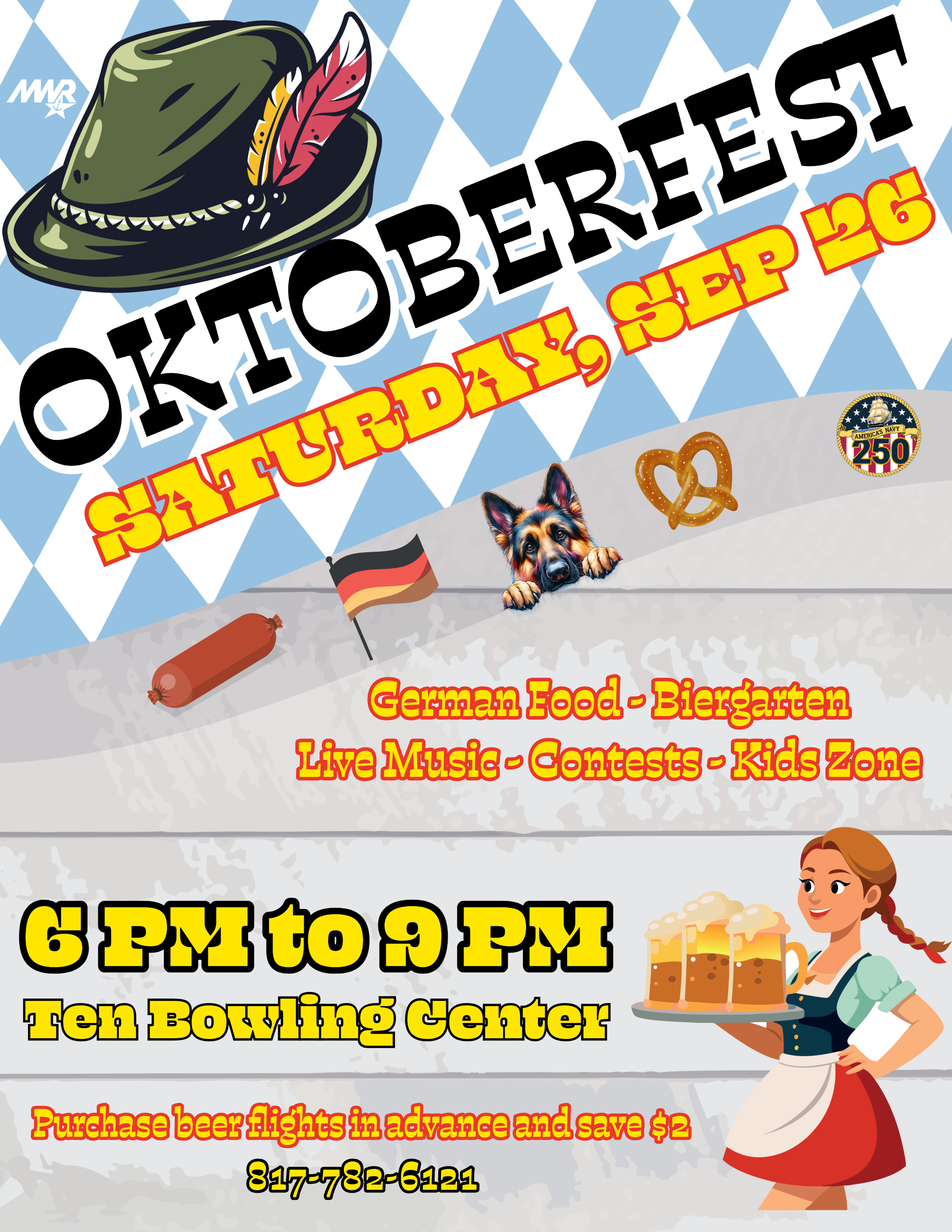 Advertisement promoting Oktoberfest, Saturday September 26 from 6 PM to 9 PM at Ten Bowling Center. German food, biergarten, live music, contests, and kids zone. Call 817-782-6121