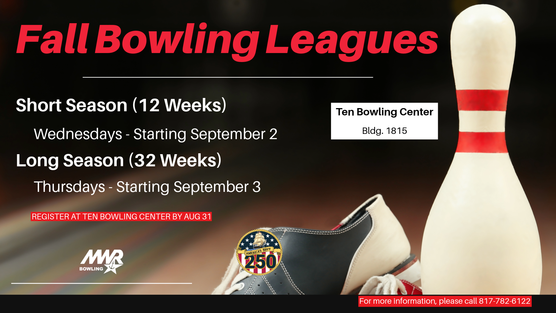 Advertisement promoting Fall Bowling leagues at Ten Bowling Center starting September 2026. Please call 817-782-6122
