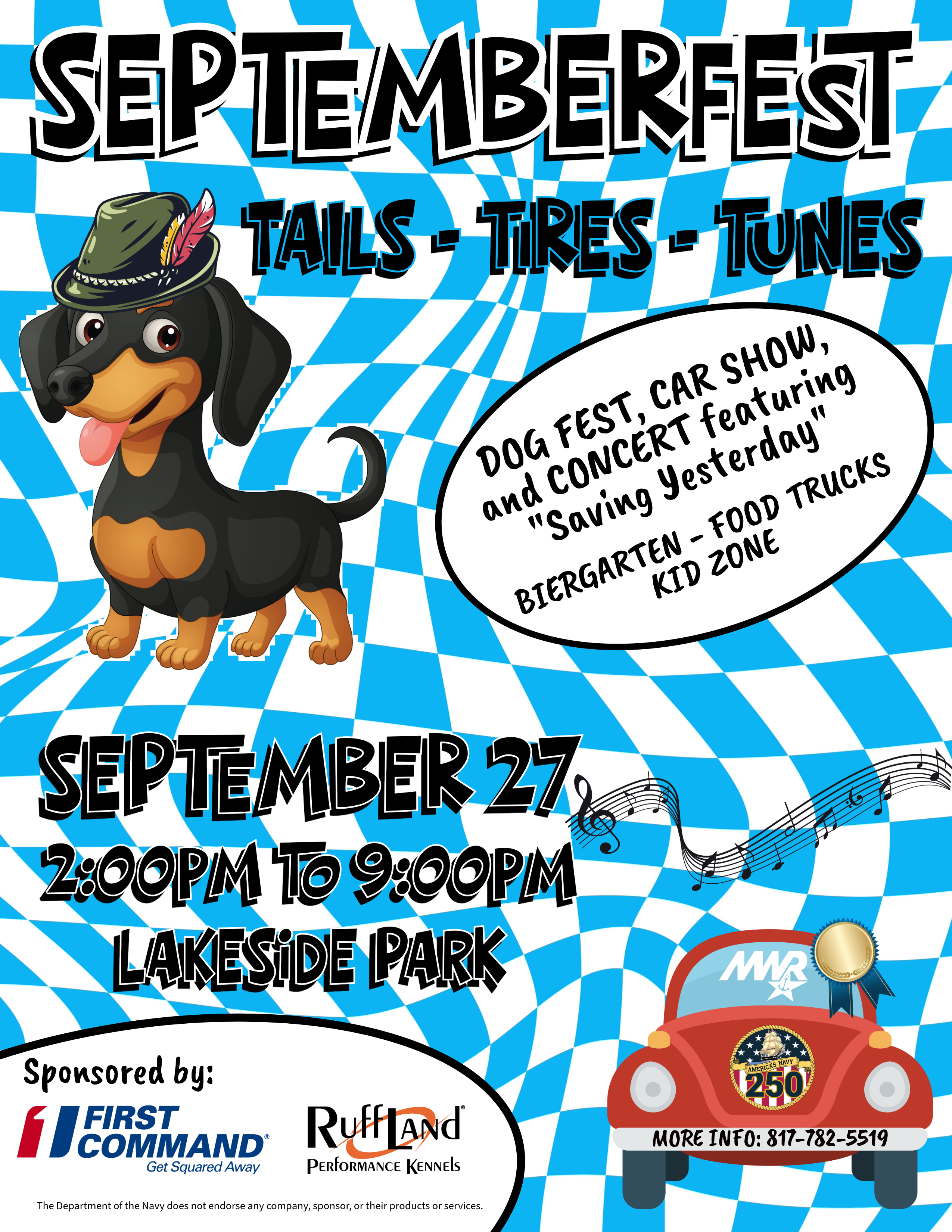 Advertisement promoting Septemberfest "Tails, Tires, and Tunes" on September 27 from 2 PM to 9 PM at Lakeside Park. Dog fest, car show, and concert with biergarten, food trucks, and kid zone