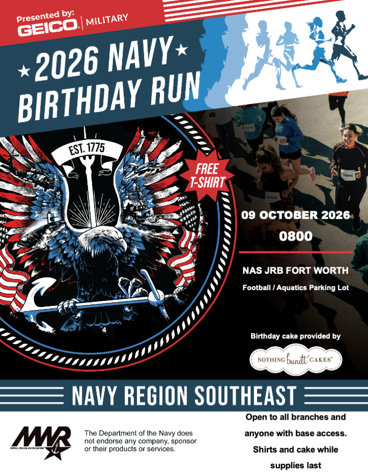 Advertisement promoting Navy Birthday Run on October 9 at 8 AM at Football field parking lot. Free shirts and birthday cake while supplies last. Call 817-782-7770