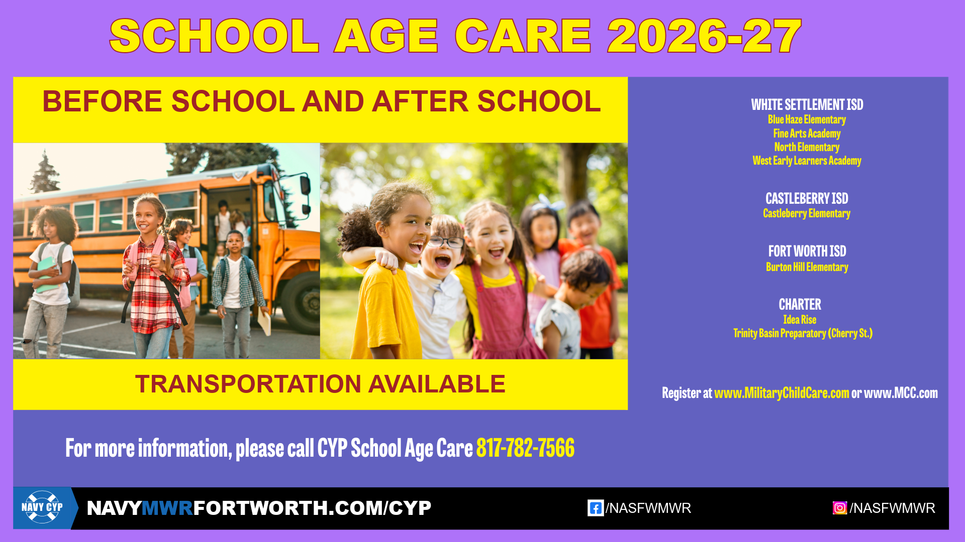 Advertisement promoting before and after school care, including list of schools where transportation is available. Call 817-782-7566