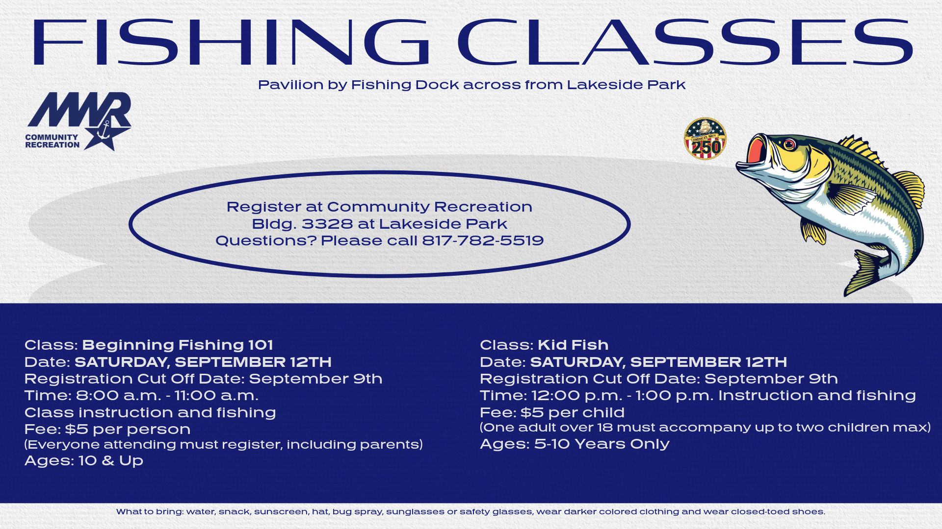 Advertisement listing fishing classes in September 2026. Please call 817-782-5519.