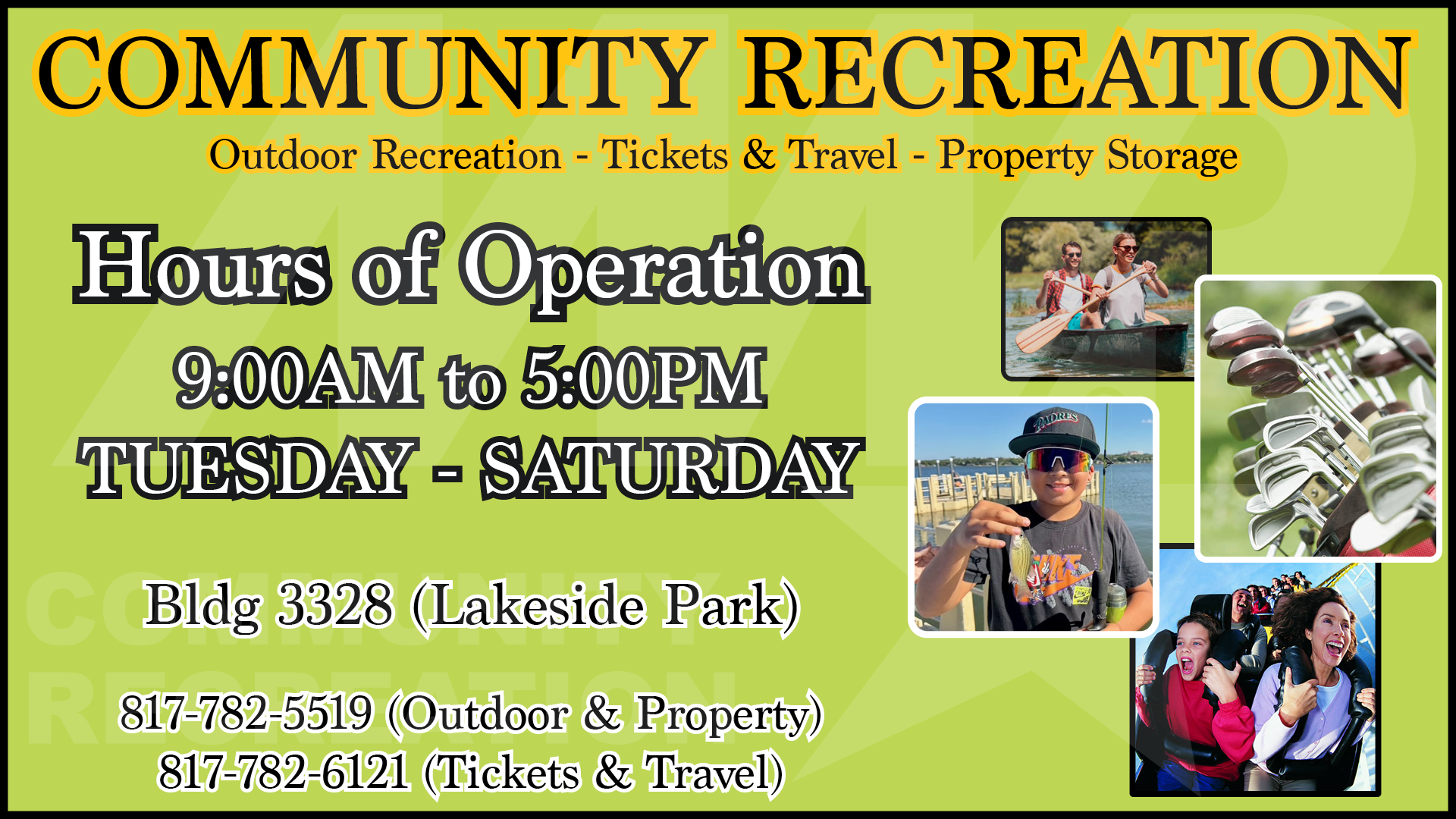 Advertisement for Community Recreation open Tuesday through Saturday from 9 AM to 5 PM.