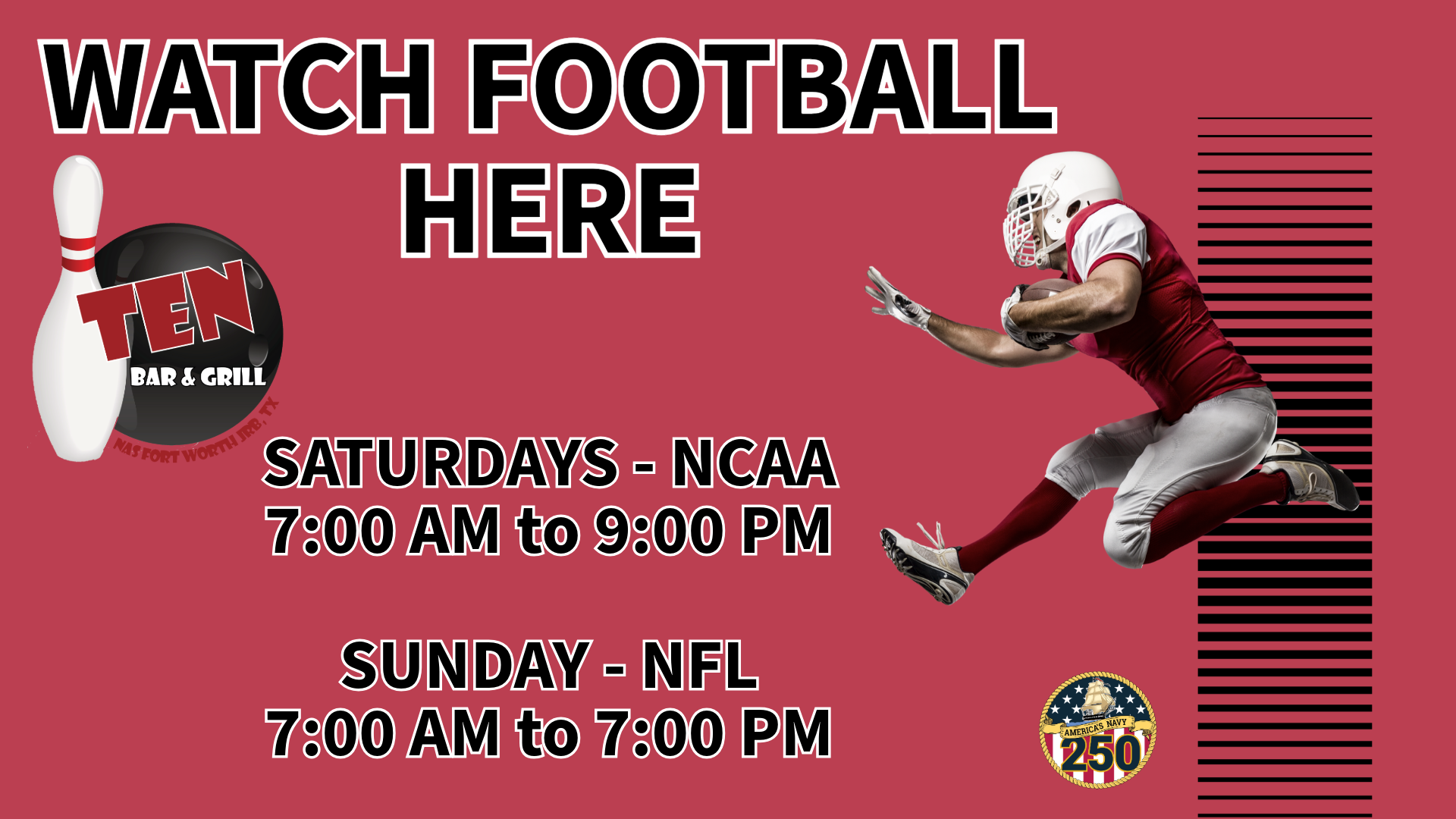 Adveertisement promoting the showing the college and pro football games in the Ten Bowling Center and Bar on Saturdays from 12 PM to 9 PM and Sundays from 12 PM to 7 PM