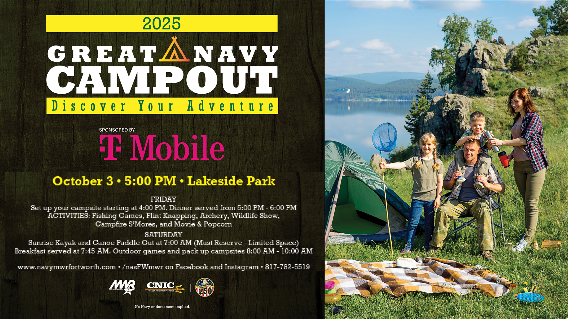 Advertisement promoting Great Navy Campout on October 3 at 5 PM at Lakeside Park. Activities include games, archery, flint knapping, campfire s'mores, movie, and sunrise kayak. For more information, please call 817-782-5519.