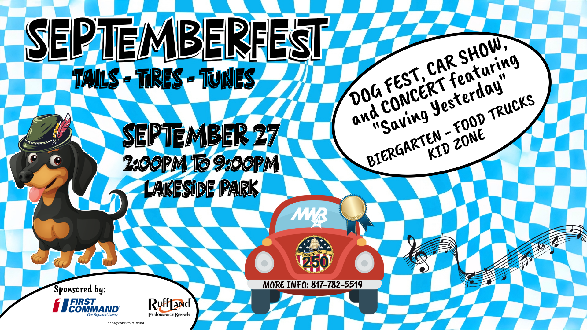 Advertisement promoting Septemberfest "Tails, Tires, and Tunes" on September 27 from 2 PM to 9 PM at Lakeside Park. Dog fest, car show, and concert with biergarten, food trucks, and kid zone