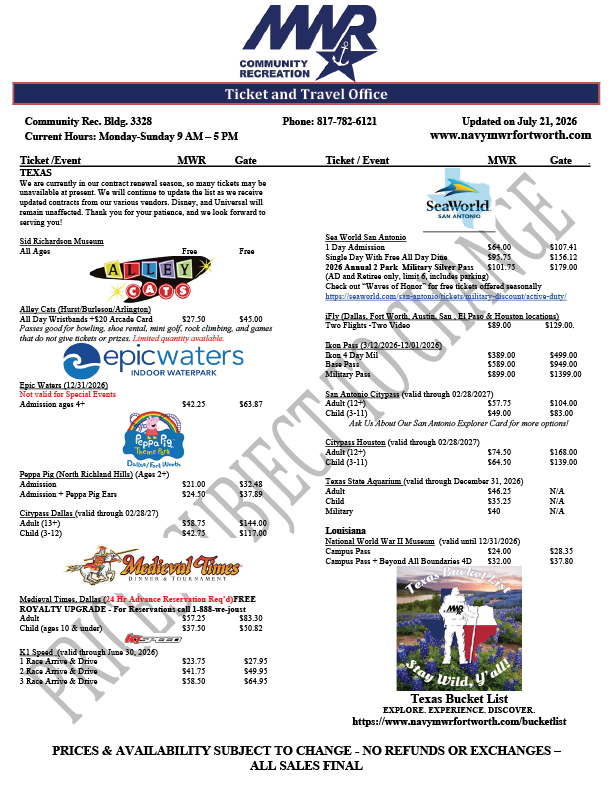 Tickets with prices to destinations in Texas and Louisiana. Call 817-782-5519.