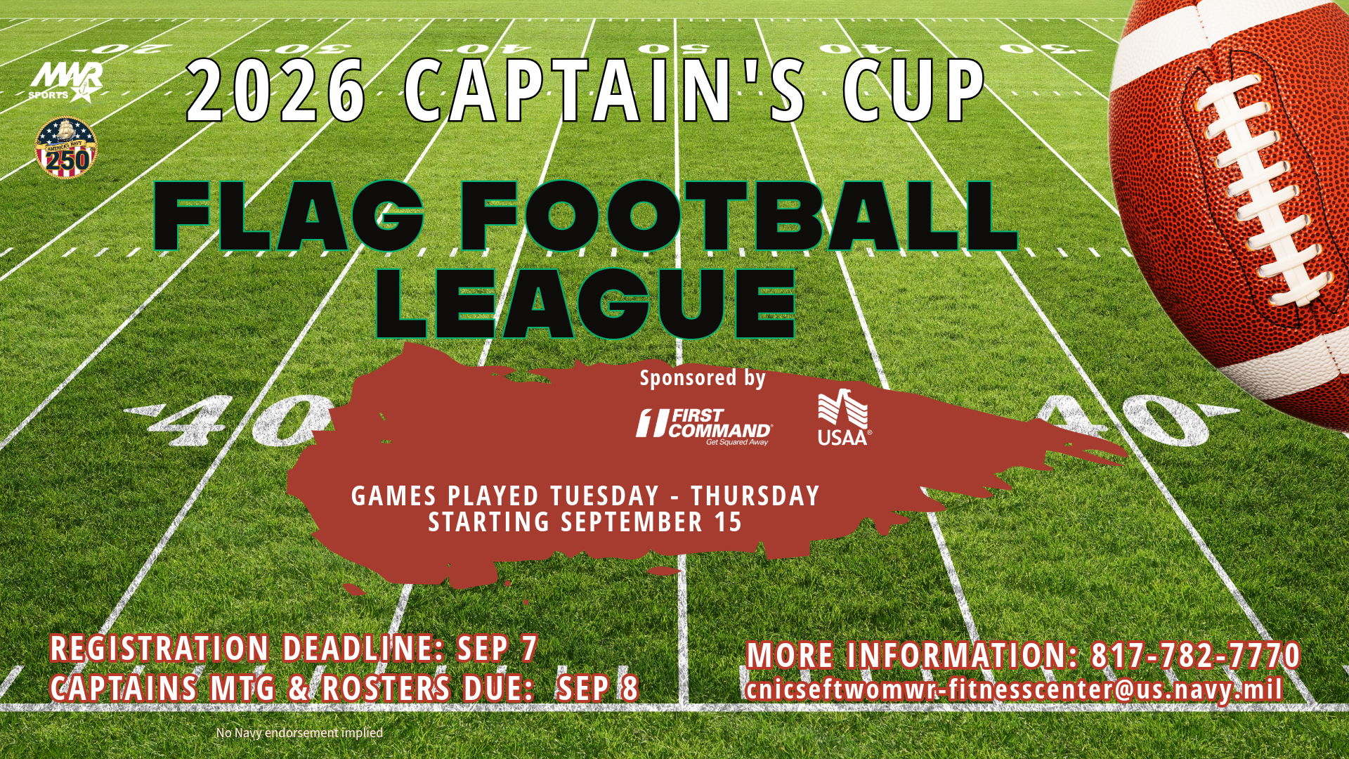 Advertisement promoting Captain's Cup Flag Football League starting September 15. Call 817-782-7770