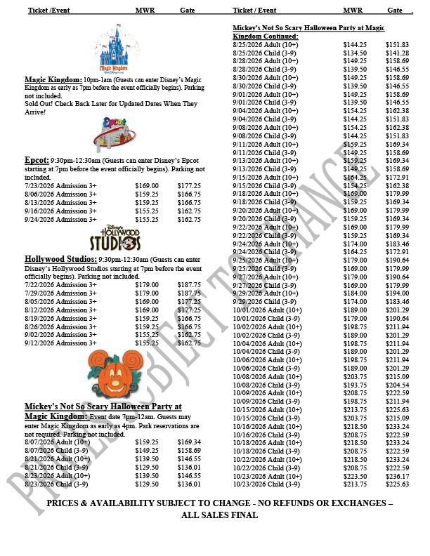 Second page of tickets with prices to destinations in Florida. Call 817-782-5519.
