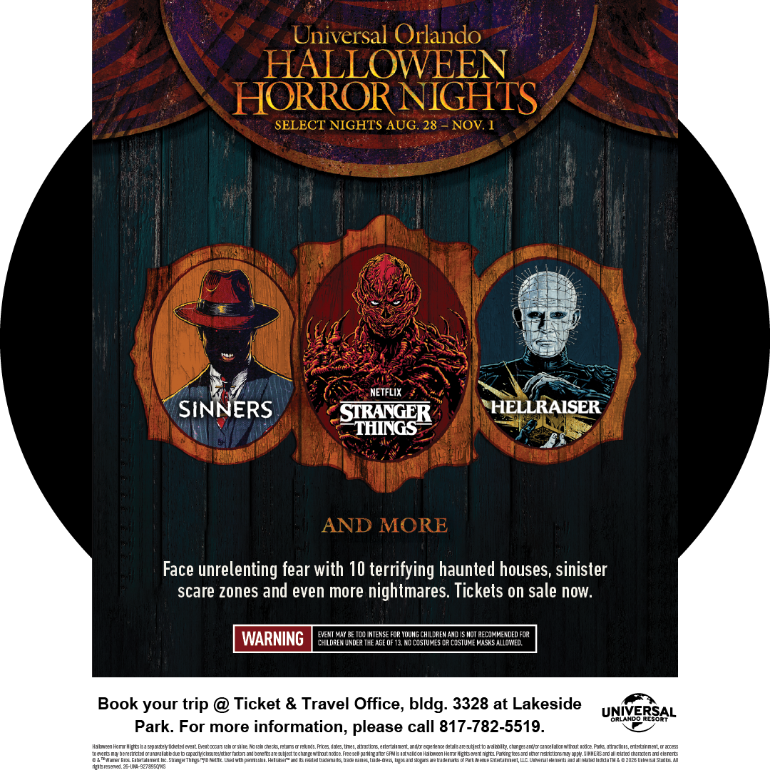 Advertisement promoting Halloween Horror at Universal Orlando. Book trip at Community Recreation, building 3328 at Lakeside Park. Call 817-782-5519