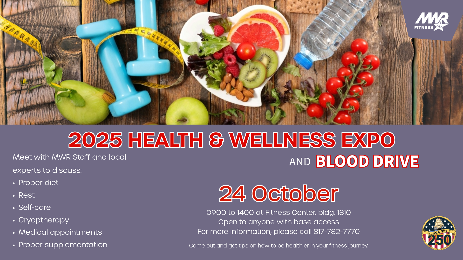 Advertisement promoting Health and Wellness Expo and Blood Drive, October 24, 2025 at Fitness Center from 9 AM to 2 PM. Come out and get tips on how to be healthier in your fitness journey. For more information, please call 817-782-7770