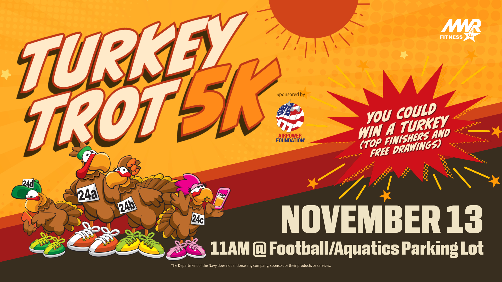 Advertisement promoting Turkey Trot 5k, November 13 @ 11am at the Football/aquatics parking lot.