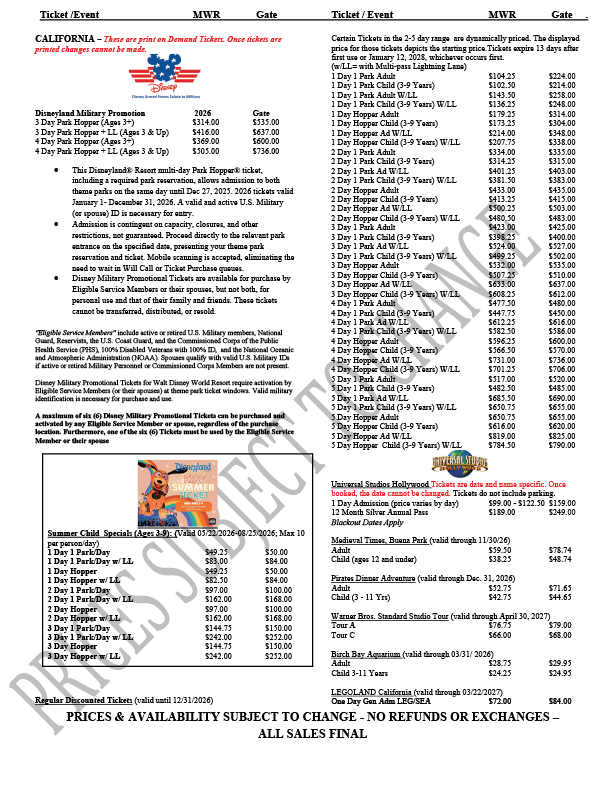 First page of tickets with prices to destinations in California. Call 817-782-5519.