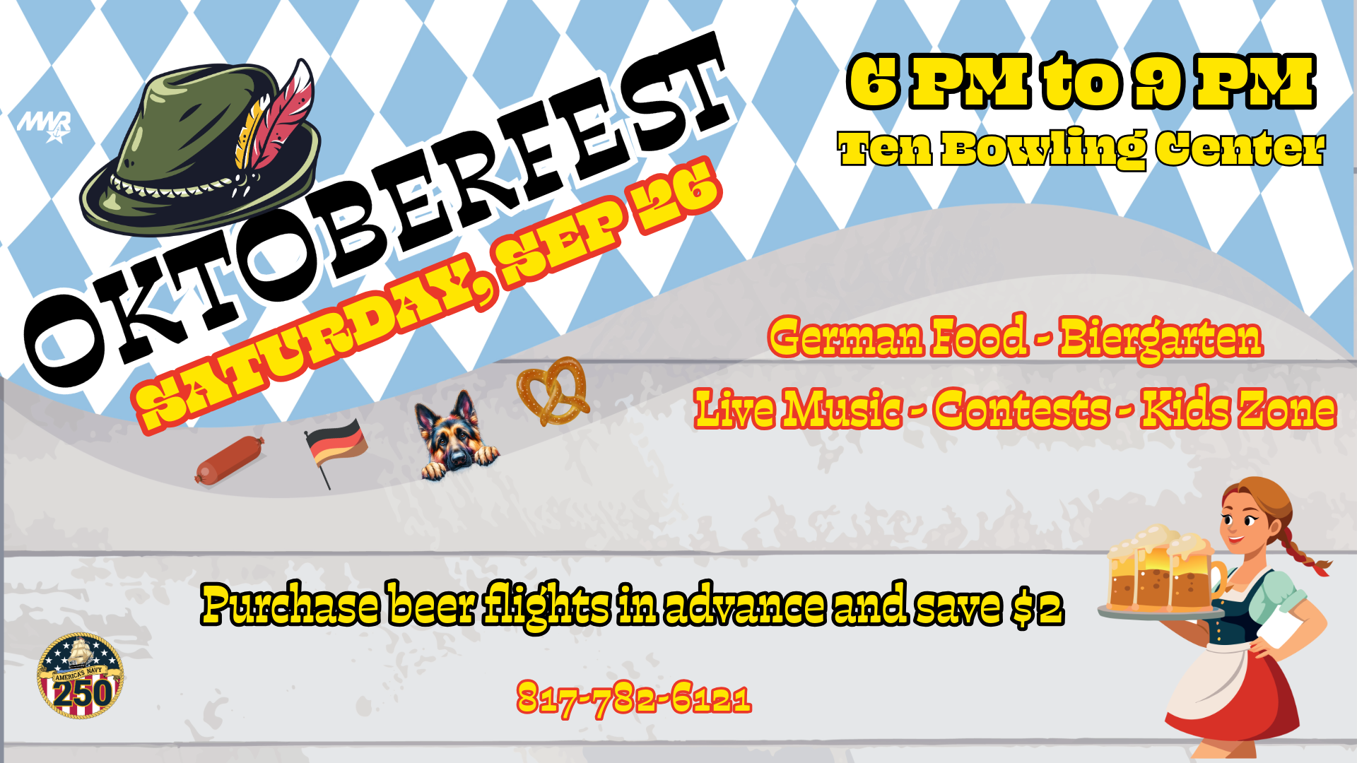 Advertisement promoting Oktoberfest, Saturday September 26 from 6 PM to 9 PM at Ten Bowling Center. German food, biergarten, live music, contests, and kids zone. Call 817-782-6121