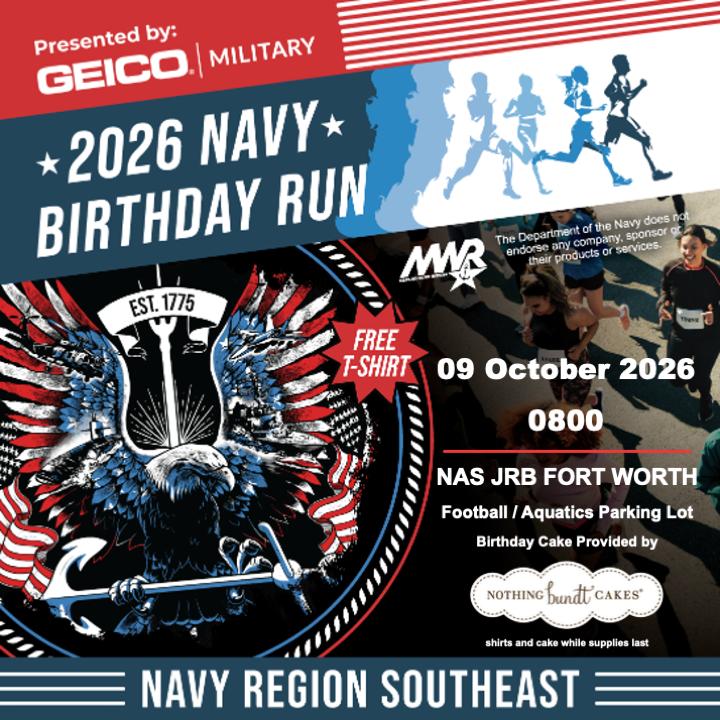 Advertisement promoting Navy Birthday Run on October 9 at 8 AM at Football field parking lot. Free shirts and birthday cake while supplies last. Call 817-782-7770