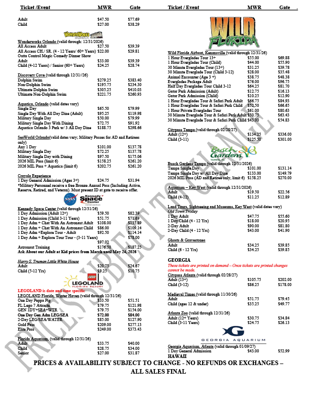 Fifth page of tickets with prices to destinations in Florida and as well as Georgia destinations. Call 817-782-5519.