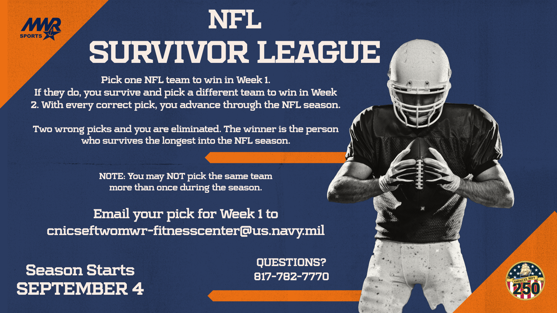 Advertisement promoting contest where you pick the winner of one NFL game per week. For more information, please call 817-782-7770