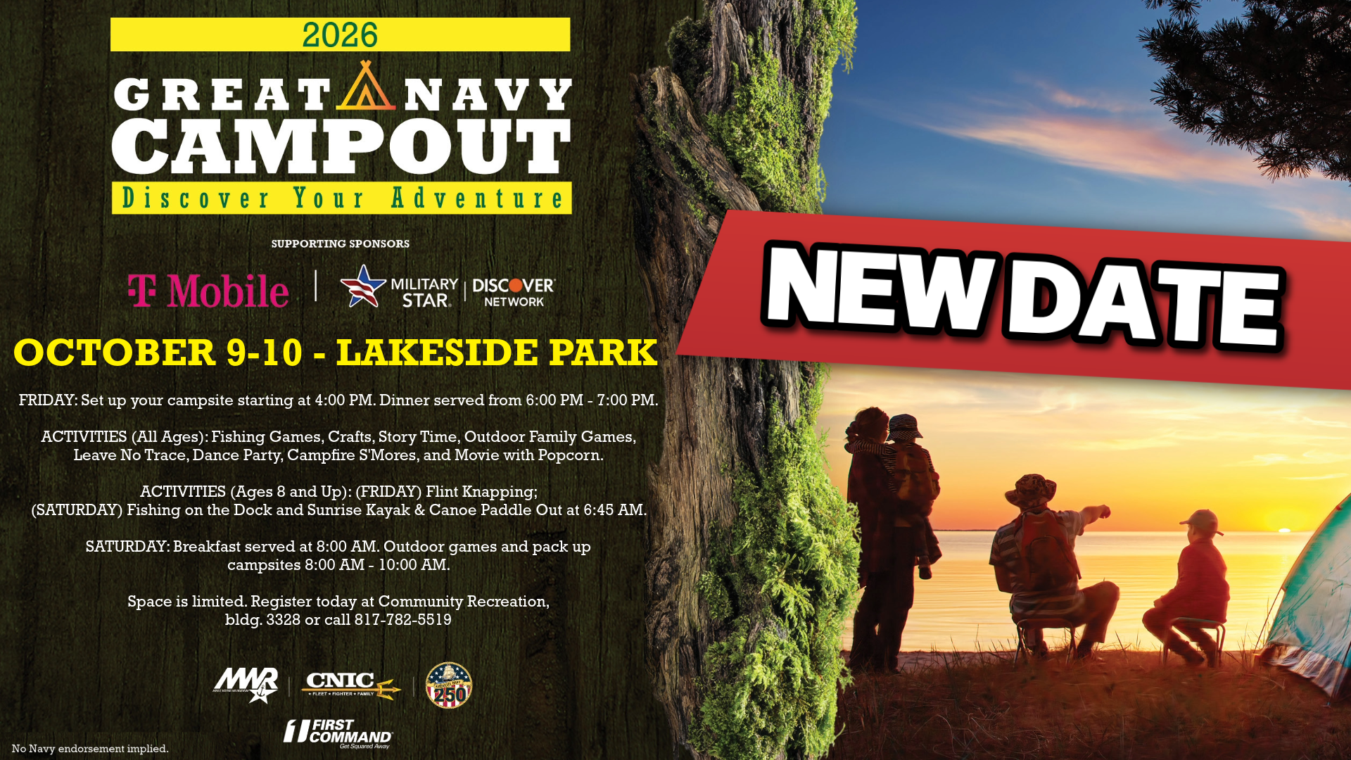 Advertisement promoting the Great Navy Campout with a new date: October 9-10. Space is limited. Visit or call Community Recreation at 817-782-5519.