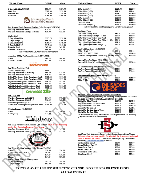 Second page of tickets with prices to destinations in California. Call 817-782-5519.