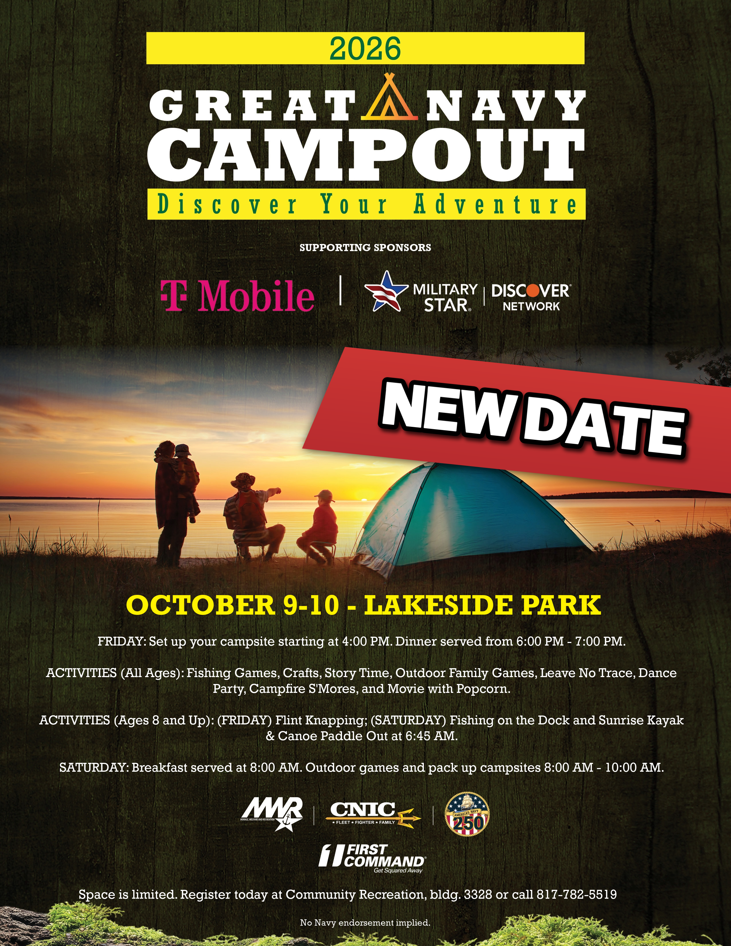 Advertisement promoting Great Navy Campout with a new date: October 9-10. Space is limited, call 817-782-5519.