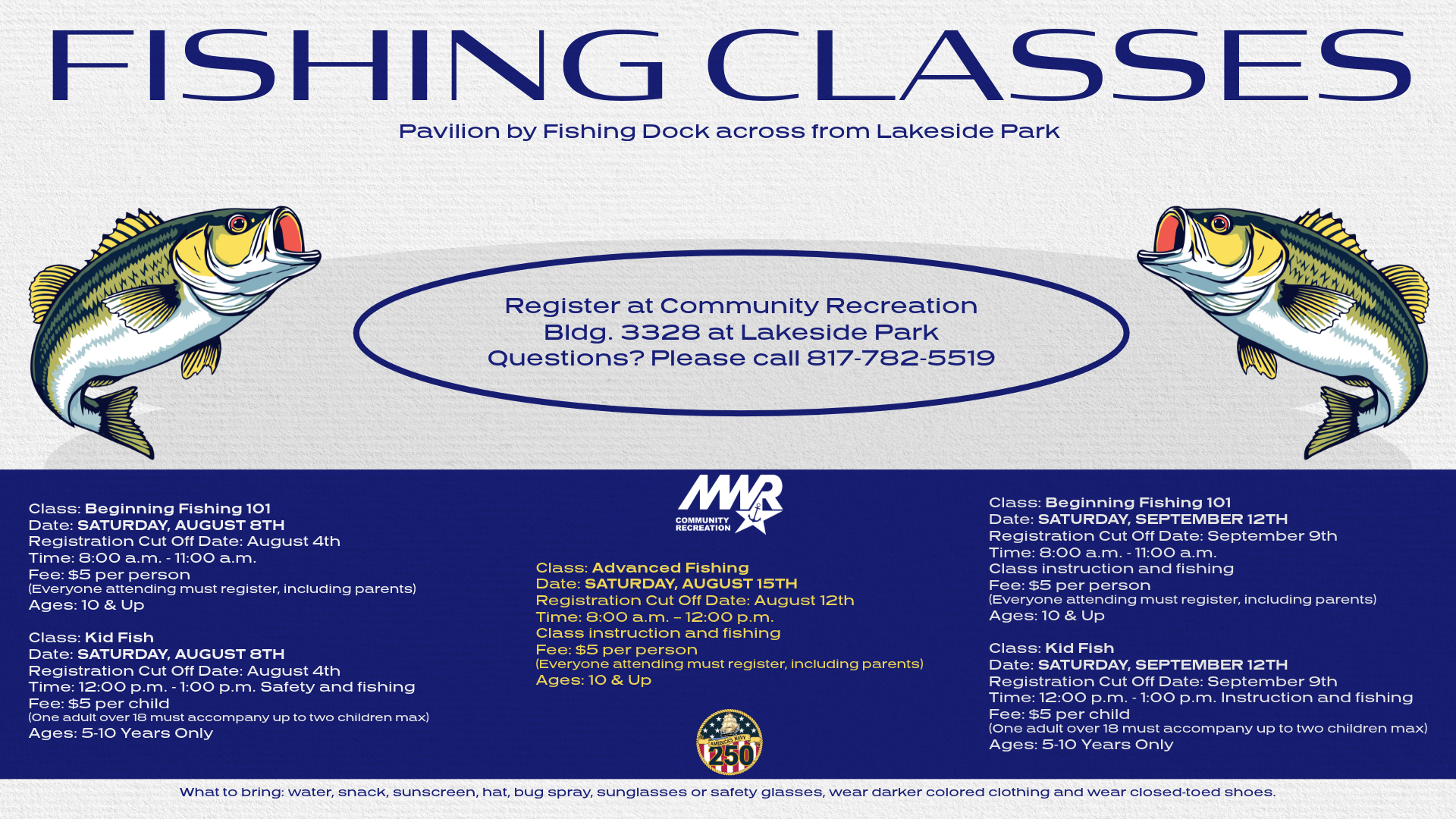 Advertisement listing fishing classes in August 2026 and September 2026. Please call 817-782-5519.