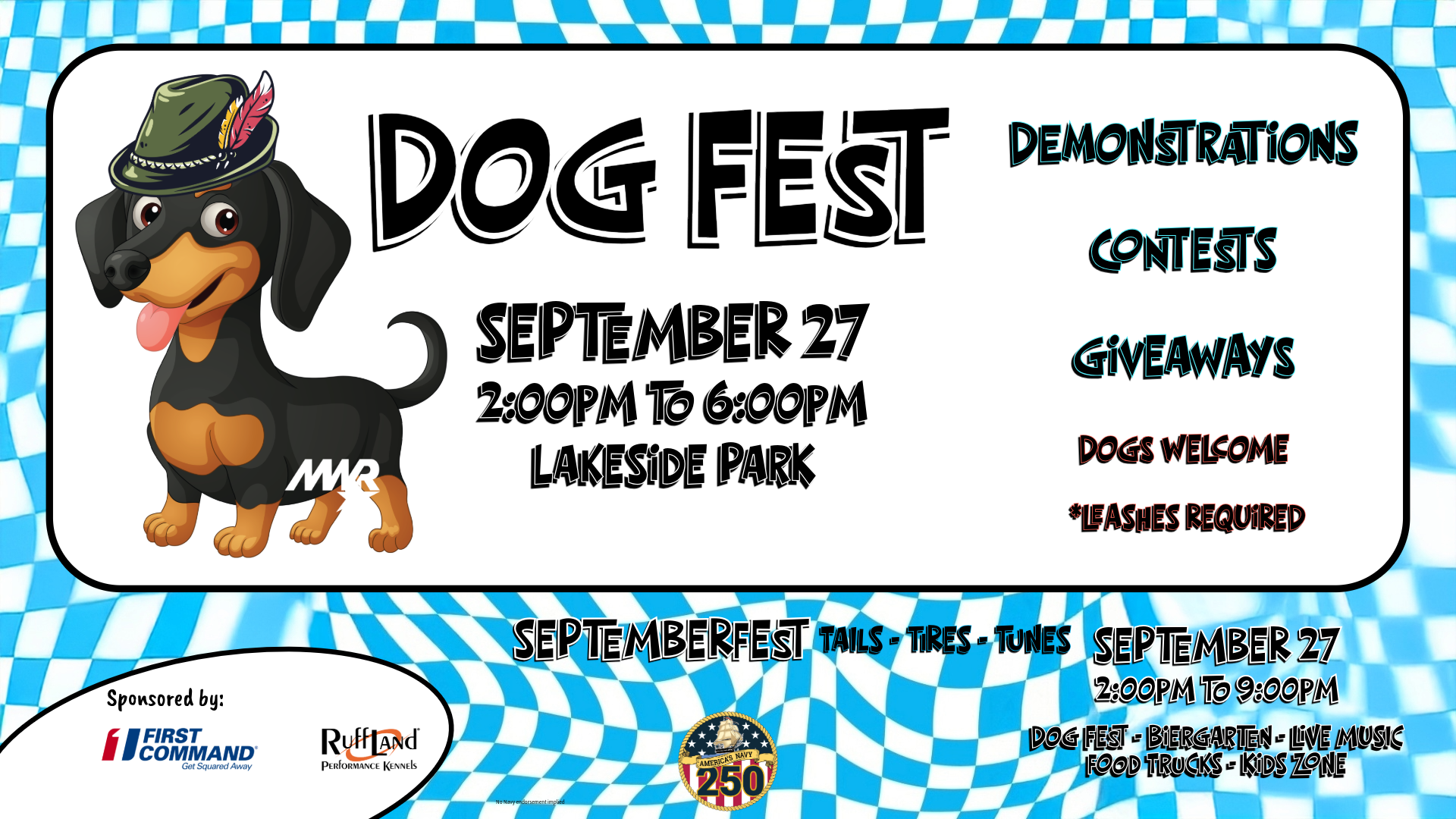 Advertisement promoting Septemberfest Dog Fest on September 27 from 2 PM to 6 PM at Lakeside Park. Dogs on leashes are welcome.