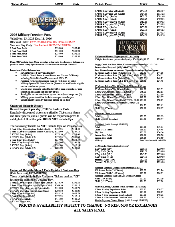 Fourth page of tickets with prices to destinations in Florida. Call 817-782-5519.