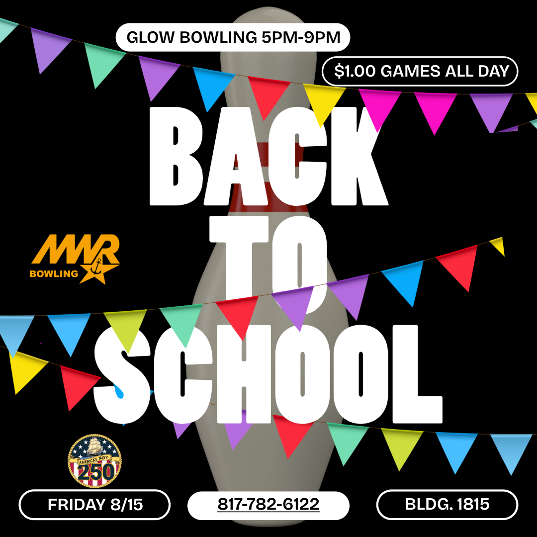 Advertisement promoting Back to School event with discounted games and glow bowling on August 15 from 5 PM to 9 PM