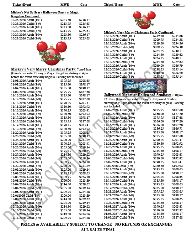 Third page of tickets with prices to destinations in Florida. Call 817-782-5519.