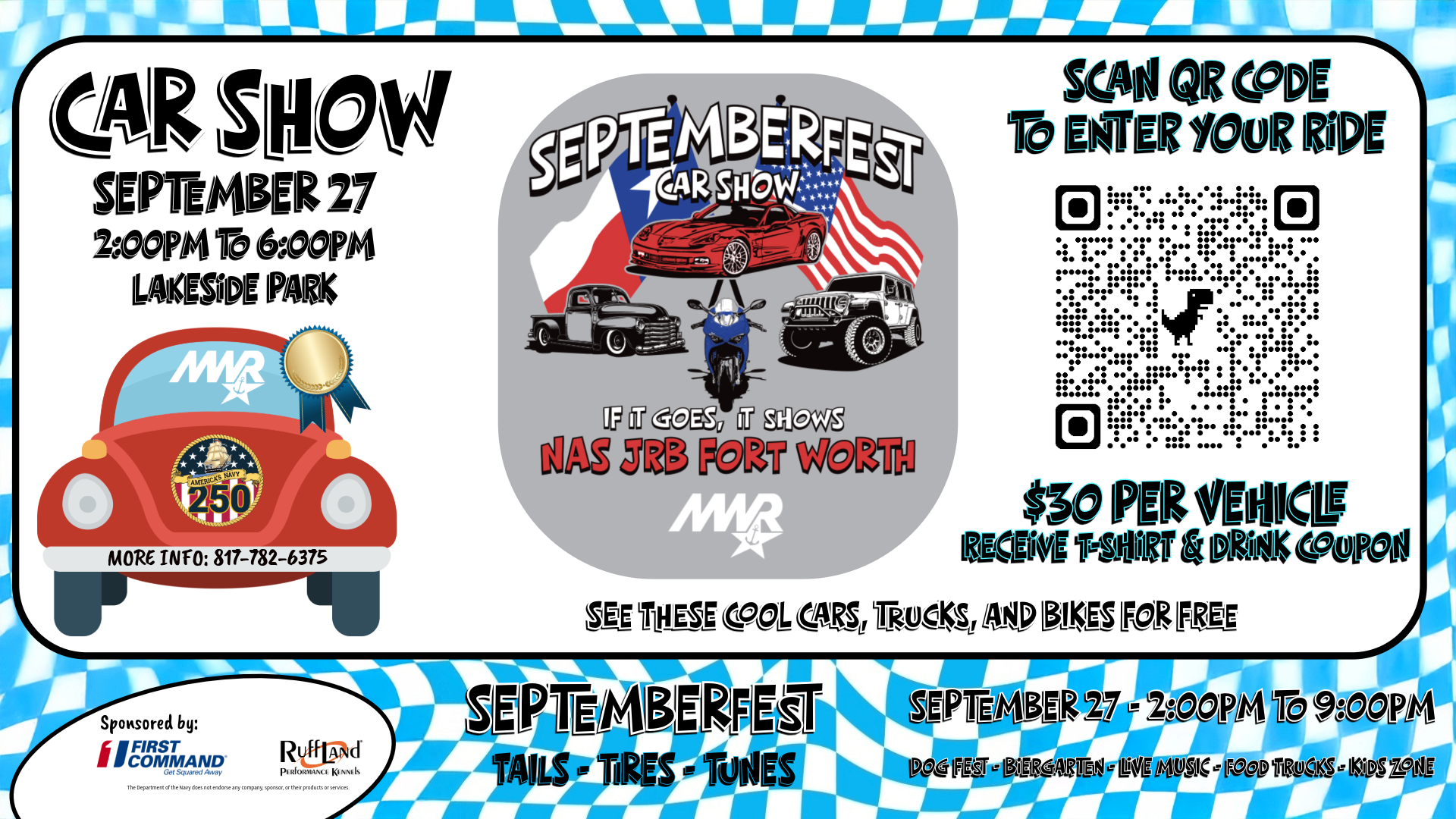 Advertisement promoting Car Show at Septemberfest "Tails, Tires, and Tunes" on September 27 from 2 PM to 6 PM at Lakeside Park.