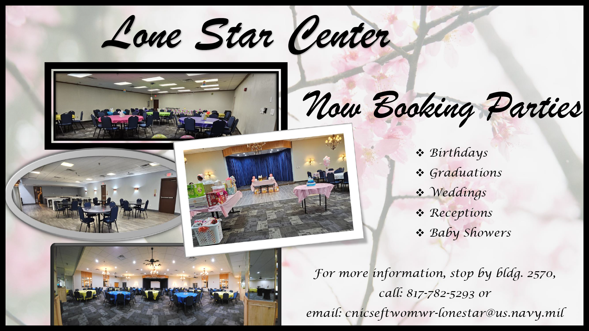Advertisement promoting booking parties at Lone Star Center - Birthdays, Graduations, Weddings, Receptions, and Baby Showers 817-782-5293 Advertisement promoting booking parties at Lone Star Center - Birthdays, Graduations, Weddings, Receptions, and Baby Showers 817-782-5293