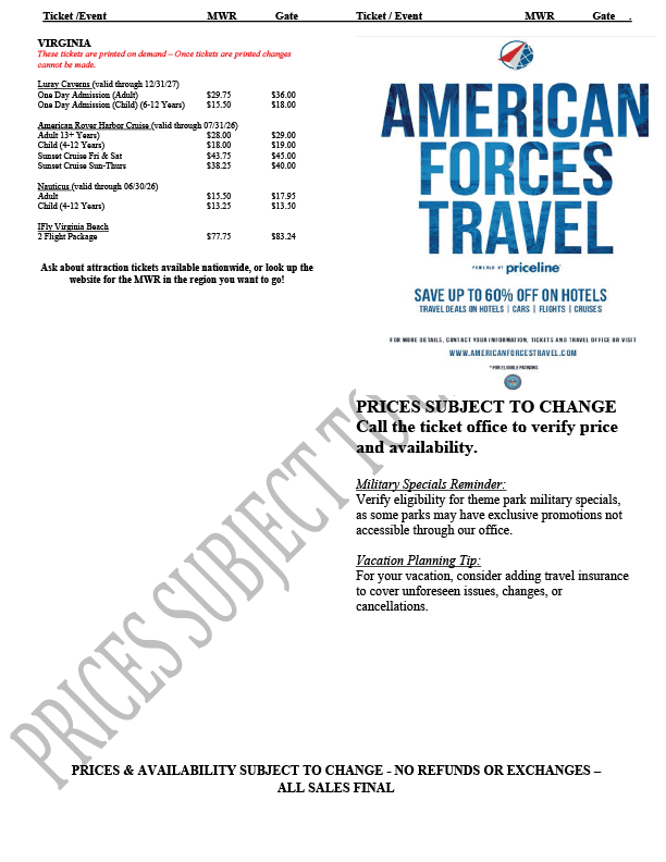 Tickets with prices to destinations in Virginia. Call 817-782-5519.