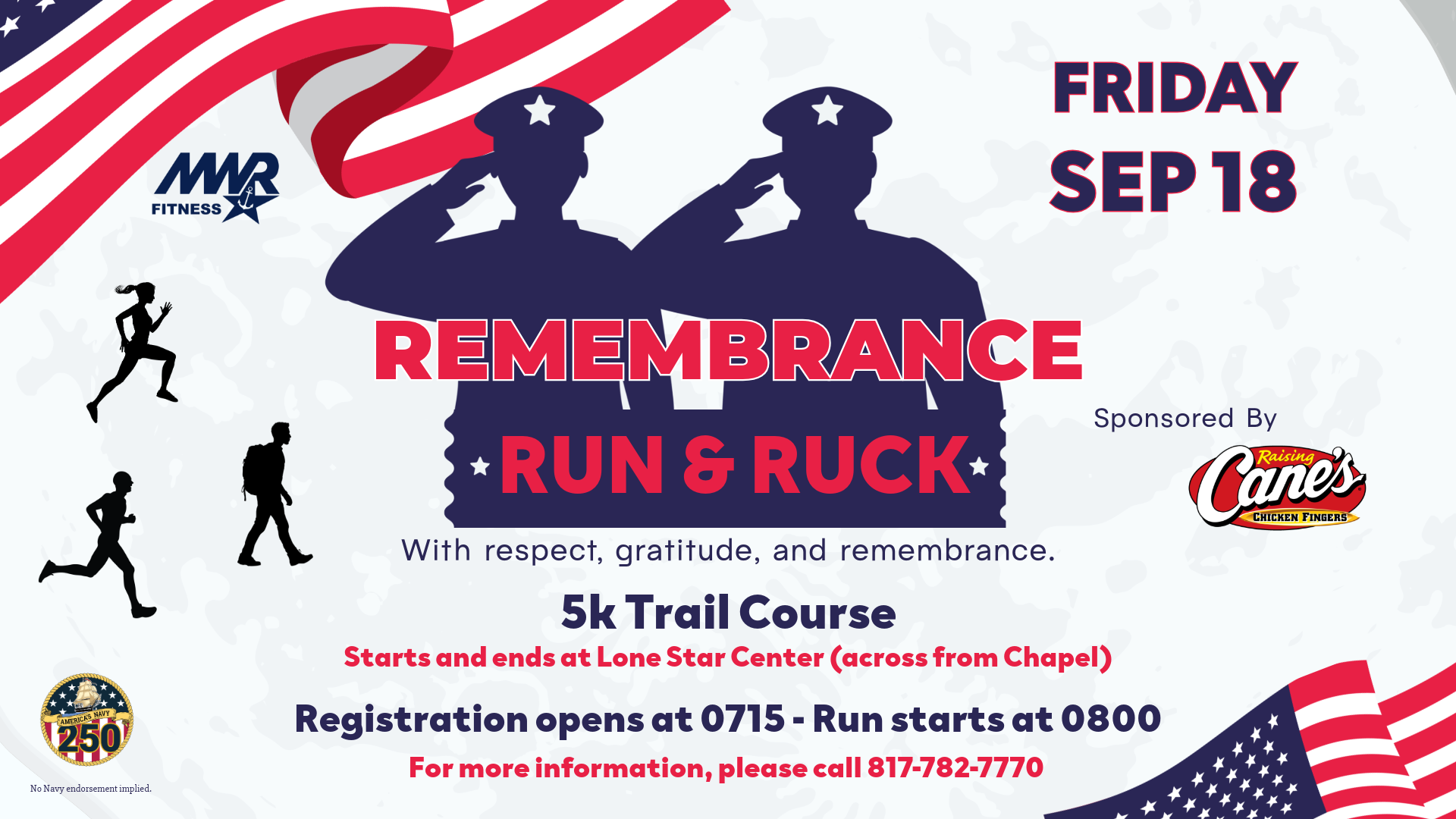 Advertisement promoting 5k trail run and ruck on September 18 at Lone Star Center parking lot across from Chapel. Call 817-782-7770