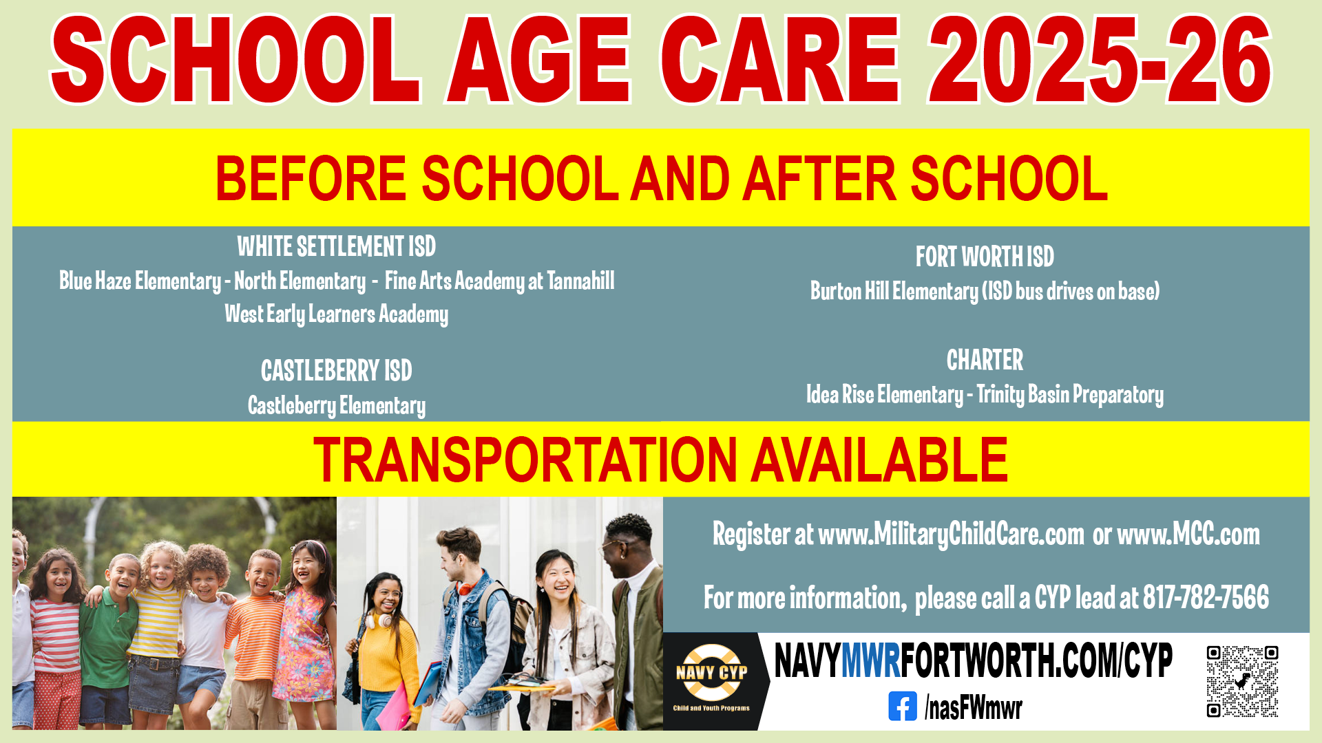 Advertisement promoting before and after school care with transportation to and from specific schools in nearby school districts. For more information, please call 817-782-7566