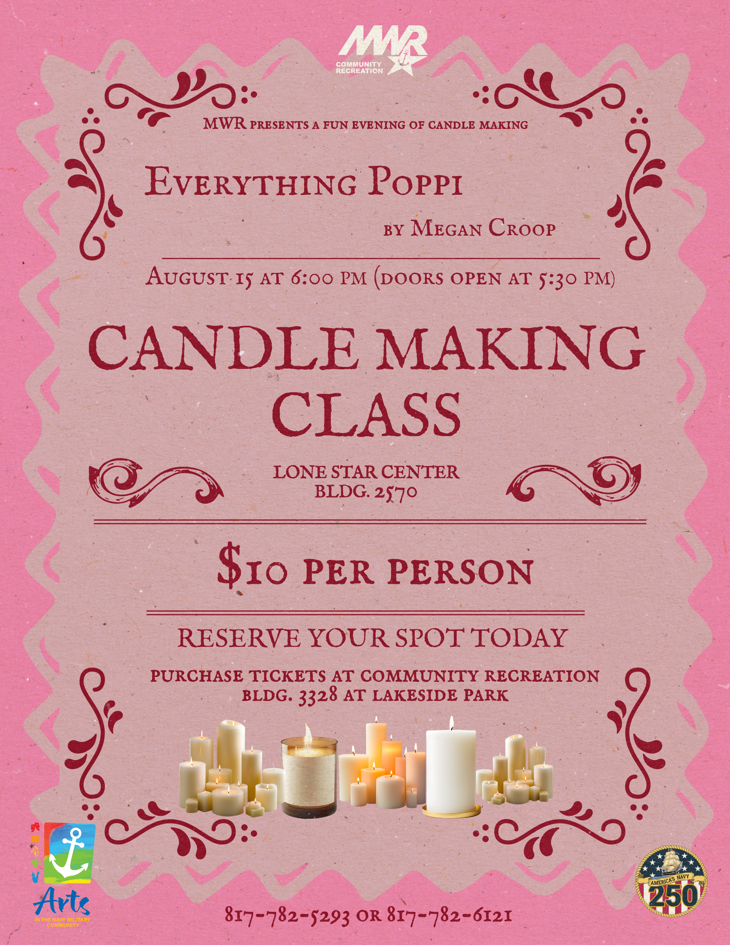 Advertisement promoting candle making class on August 15 at 6 PM. Purchase tickets at Community Recreation, building 3328. Call 817-782-5293 or 817-782-6121