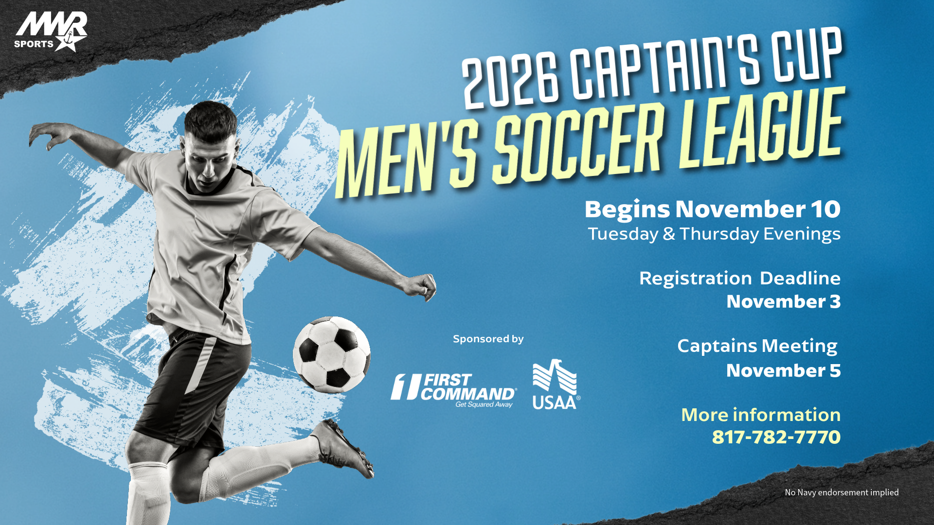 Advertisement promoting Captain's Cup Men's Soccer League starting November 3. Call 817-782-7770 for more information.