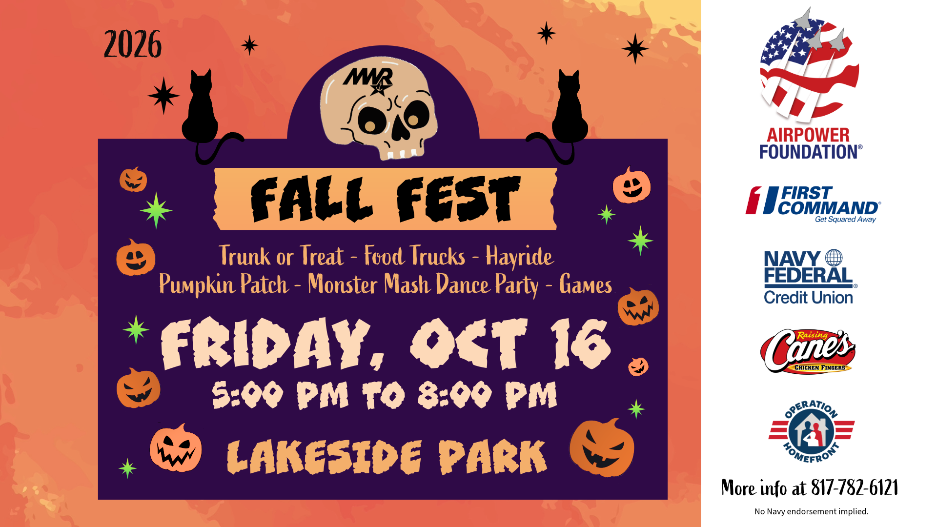 Advertisement promoting Fall Fest on Friday, October 16 from 5:00 PM to 8:00 PM at Lakeside Park. Call 817-782-6121 for more information.