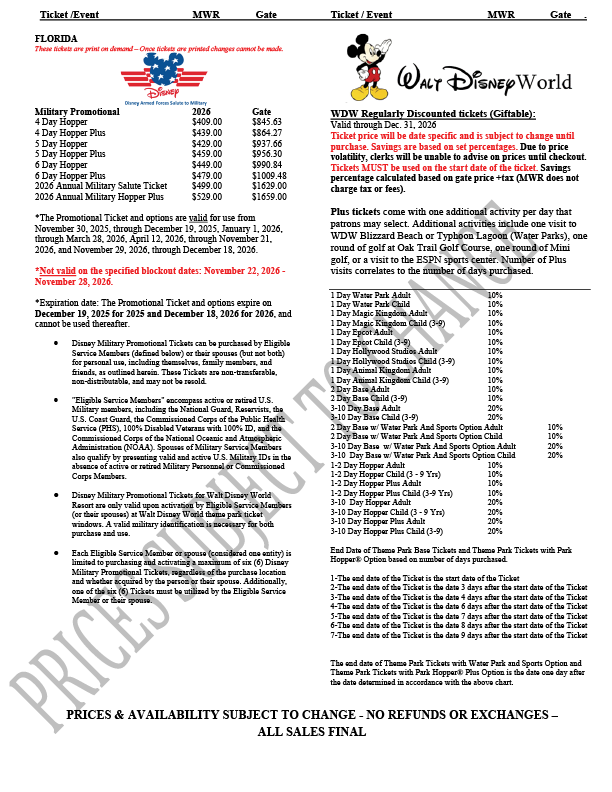 First page of tickets with prices to destinations in Florida. Call 817-782-5519.
