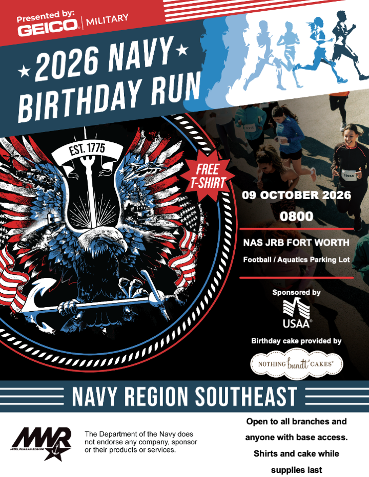 Advertisement promoting Navy Birthday Run on October 9 at 8 AM at Football field parking lot. Free shirts and birthday cake while supplies last. Call 817-782-7770