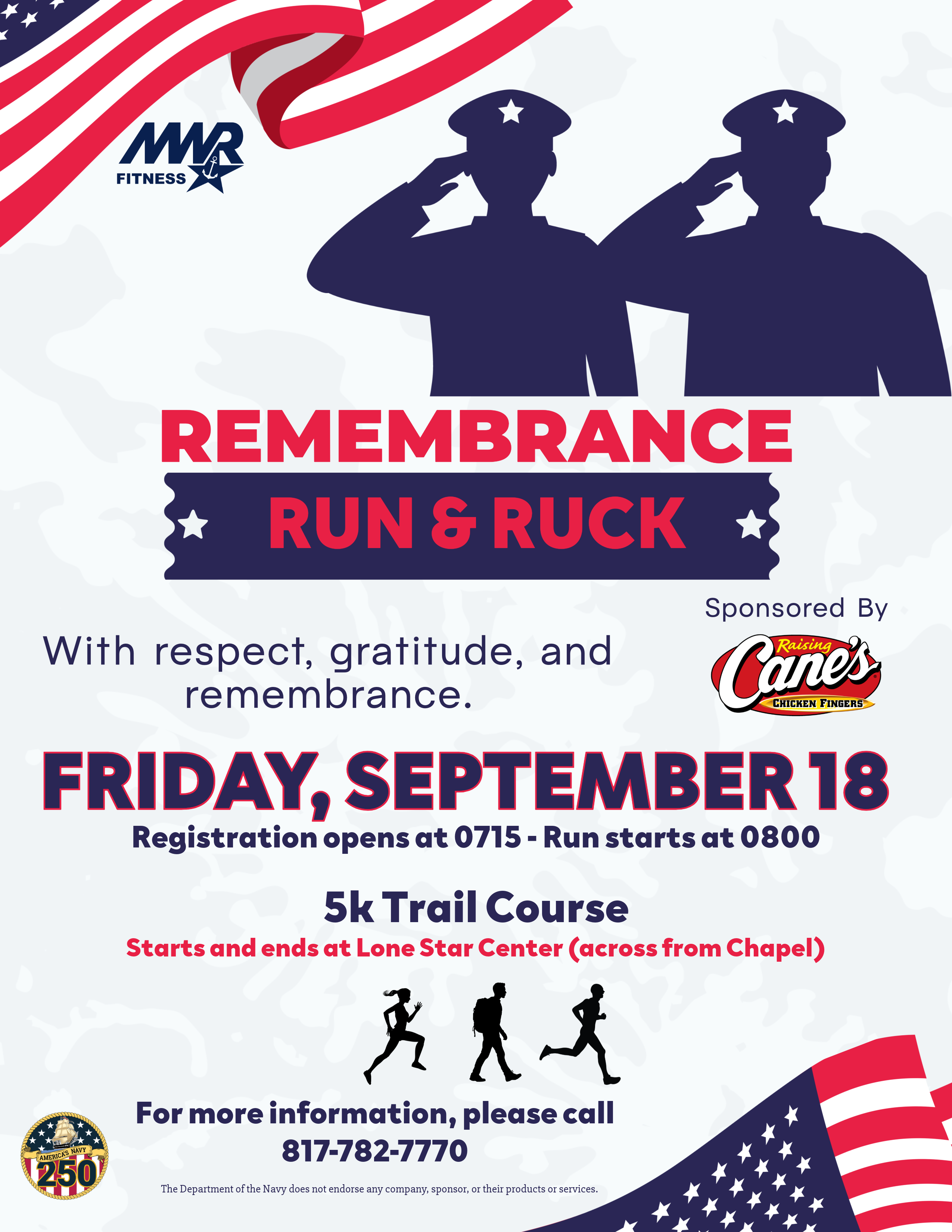 Advertisement promoting 5k trail run and ruck on September 18 at Lone Star Center parking lot across from Chapel. Call 817-782-7770