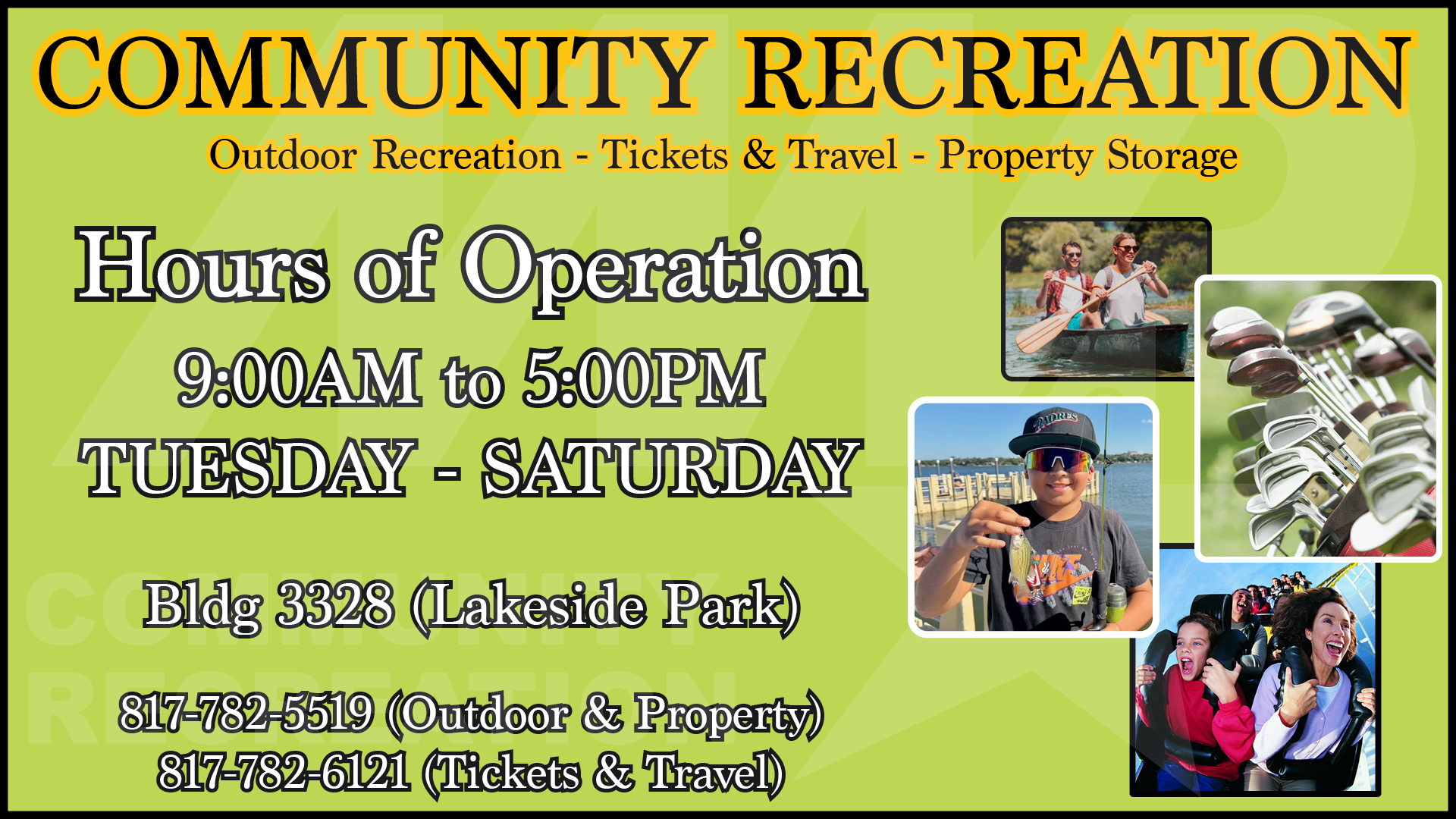 Advertisement for Community Recreation Tuesdays through Saturdays from 9 AM to 5 PM