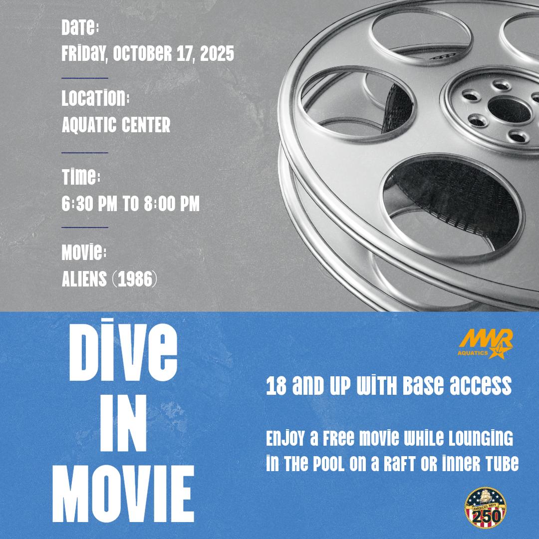 Advertisement promoting Dive In Movie on Friday, October 17, 2025 at 6:30 PM. This event is for 18 and older, at the Aquatic Center, and the movie will be Aliens.
