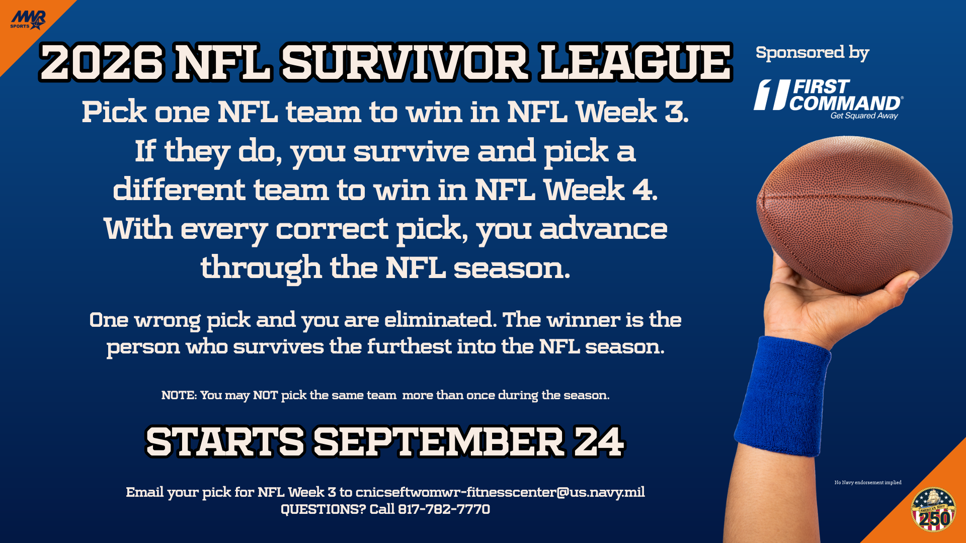 Advertisement promoting NFL Survivor League challenge tp predict NFL games. Starts September 24. Call 817-782-7770